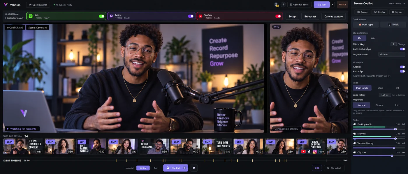 Illustration: Focus Mode monitoring a talking-head creator, with three streaming destinations ready, a vertical composition preview beside the main camera, and clips collected during the session.