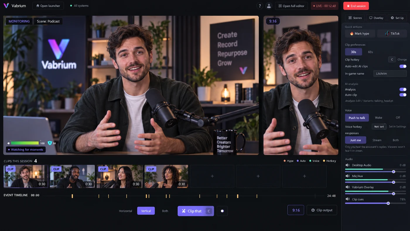 Illustration: Focus Mode monitoring a podcast recording, with the conversation in landscape, an automatic vertical crop beside it, four saved clips, and a populated event timeline.